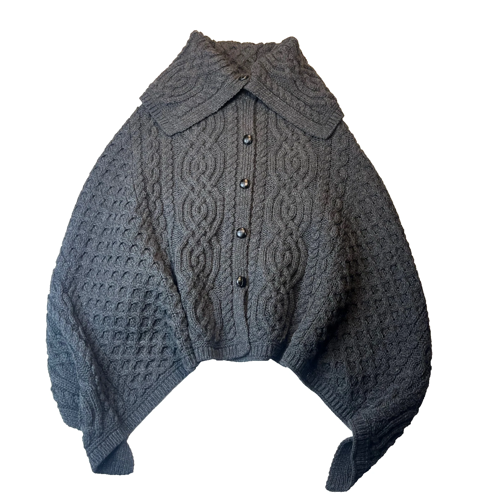 Aran Crafts Merino Wool Poncho Women S/M Charcoal Grey Cable Knit Wrap - EUC