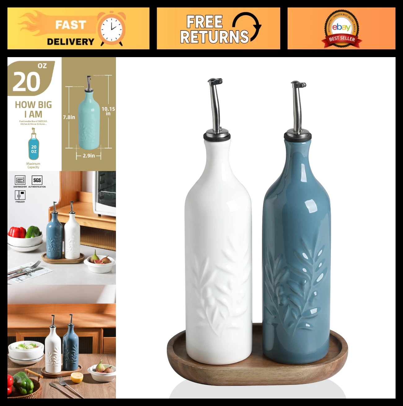 Ceramic Olive Oil Dispenser Bottle Set of 2 - 20 Oz Opaque Cruet for Vinegar, So