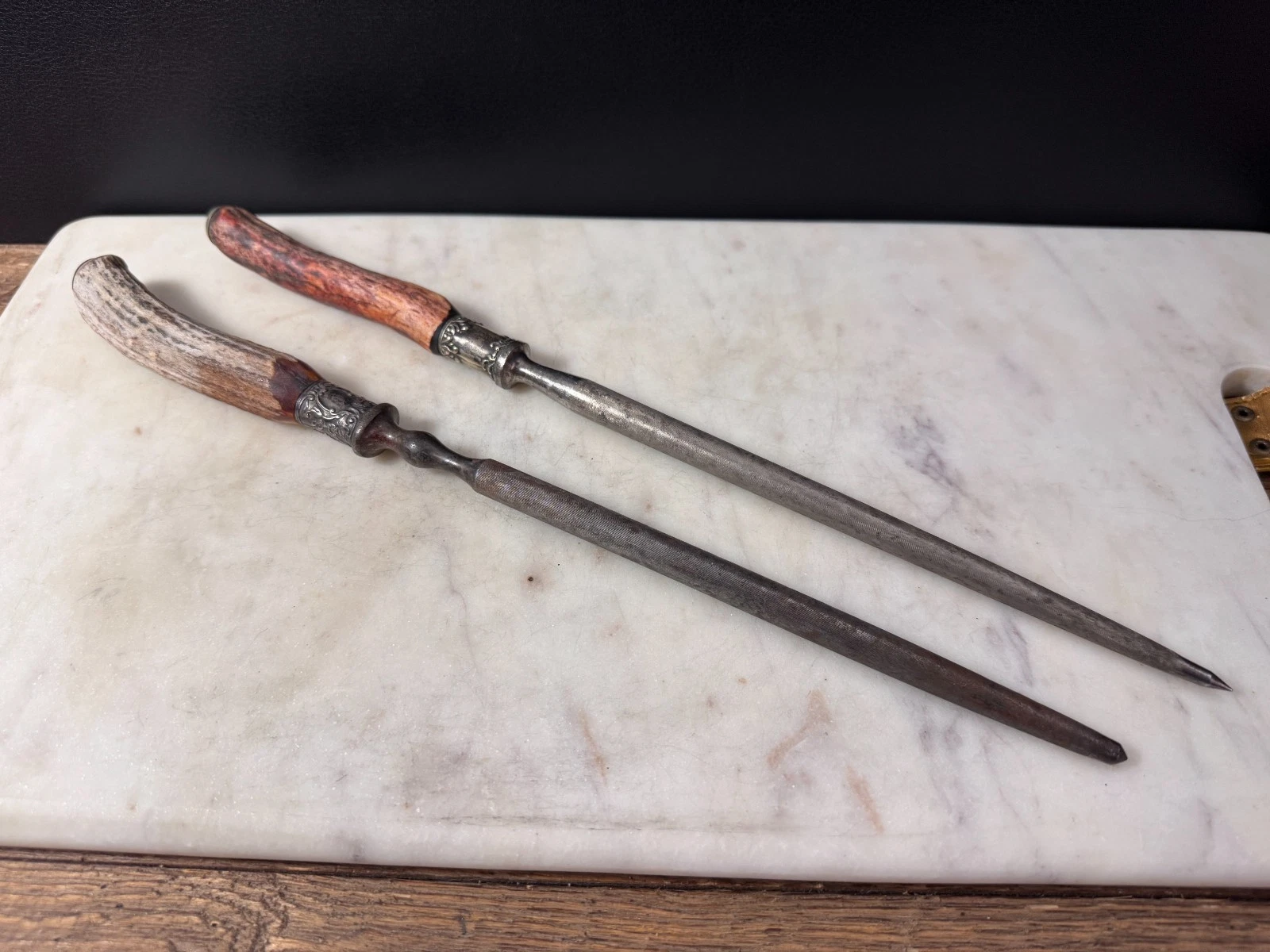 Antique Small Steel Rod Sharpener Knife Honing Rod Stag Sterling Flatware (Pair)
