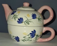 Vintage 1999 Lefton Tea for One Teapot & Teacup Set White Blue Yellow Floral GUC