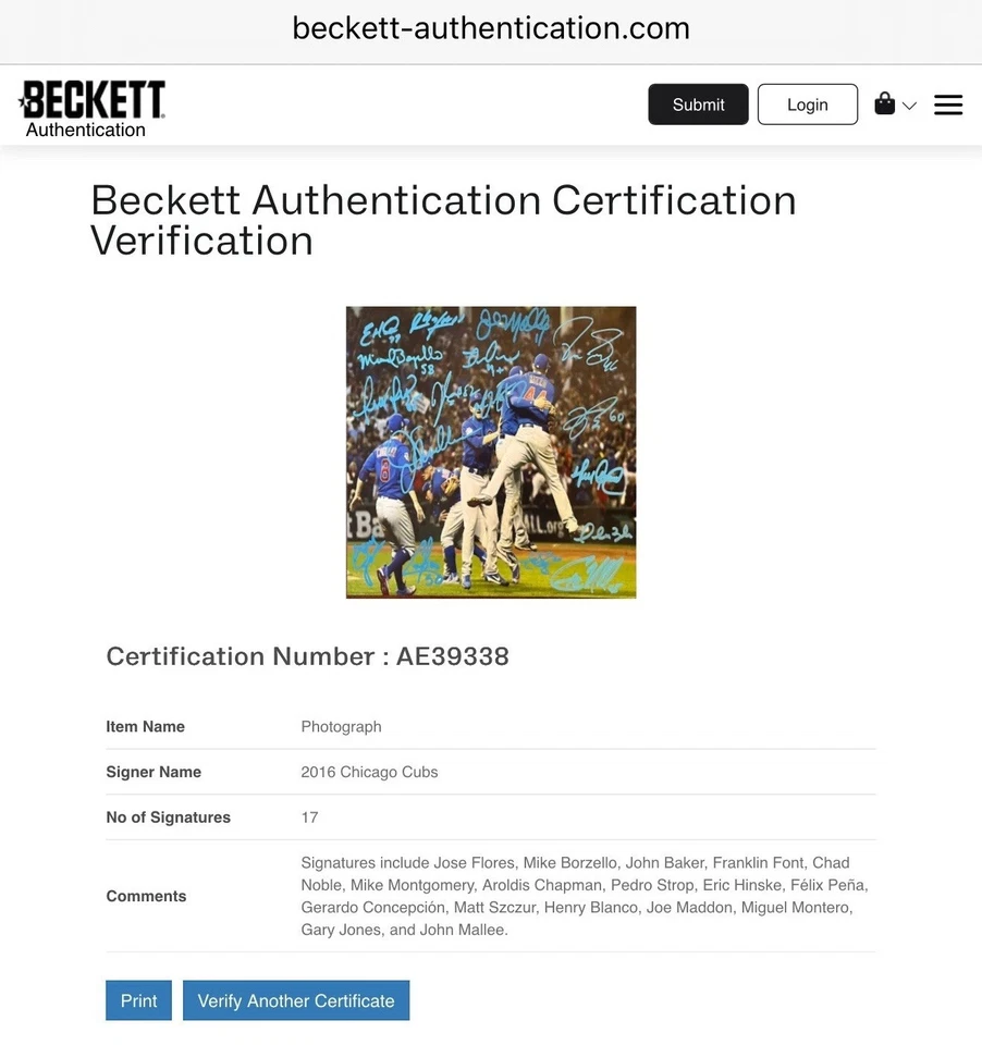 (17) Chicago Cubs Team Signed Signed 2016 World Series 8x10 Photo Autograph —BAS - Image 3 of 4