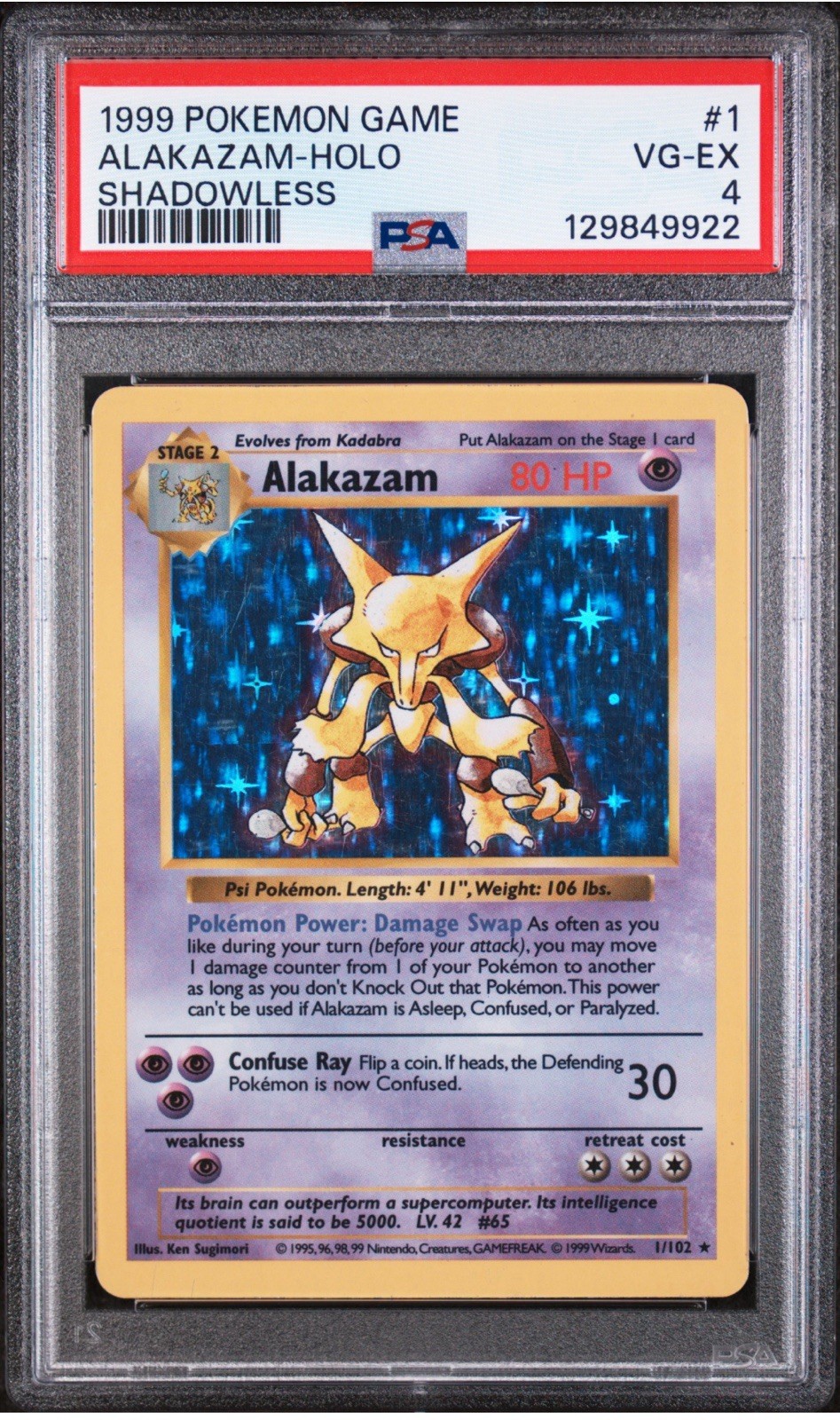 1999 POKEMON BASE SET SHADOWLESS #1 ALAKAZAM-HOLO PSA 4