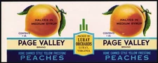 Vintage label PAGE VALLEY Peaches pictured Luray Orchards Virginia unused nrmt+