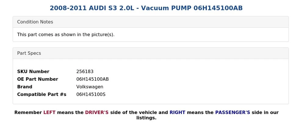 2008-2011 AUDI S3 2,0 л - вакуумный насос 06H145100AB - Изображение 4 из 4