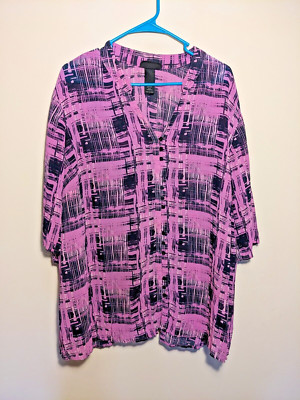 LANE BRYANT Blouse Plus 22/24 Sheer Pink and Black Short Sleeve Button Up