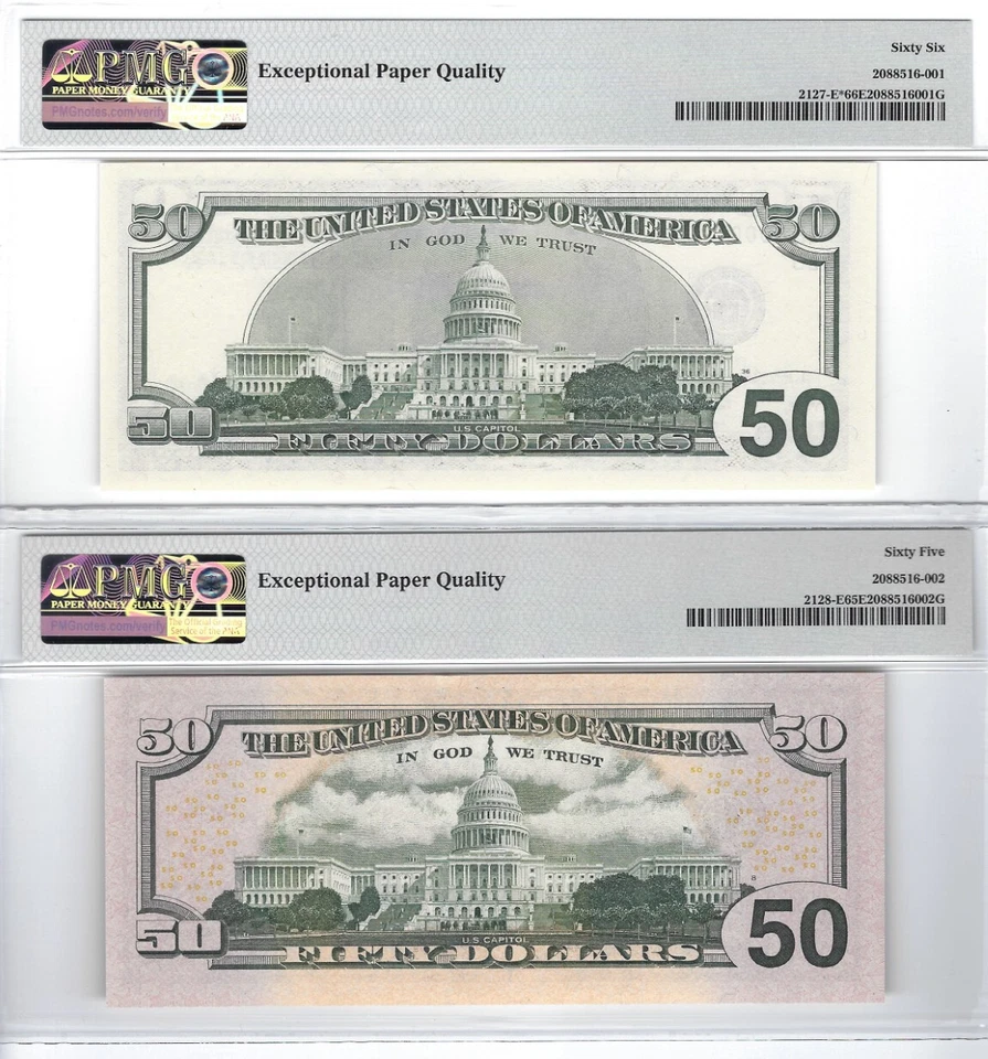 two $50 notes 2001 2004 matching S/Ns switch to colorized PMG one is a star note - Image 2 of 2