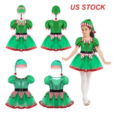 Kids Girls Christmas Elf Costume Sequins Skating Dance Dress Xmas Party Dress Up