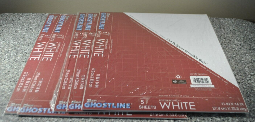 5X UCREATE GHOSTLINE POSTER BOARD WHITE, 5 SHEETS EA, 11X14 INVISIBLE GRID