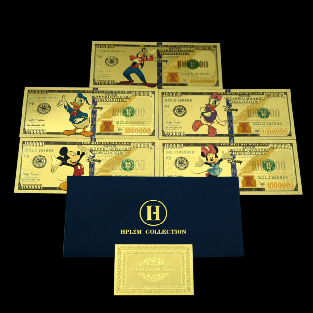 5 pz banconote Disney in pellicola oro con certificato e busta regalo da collezione-