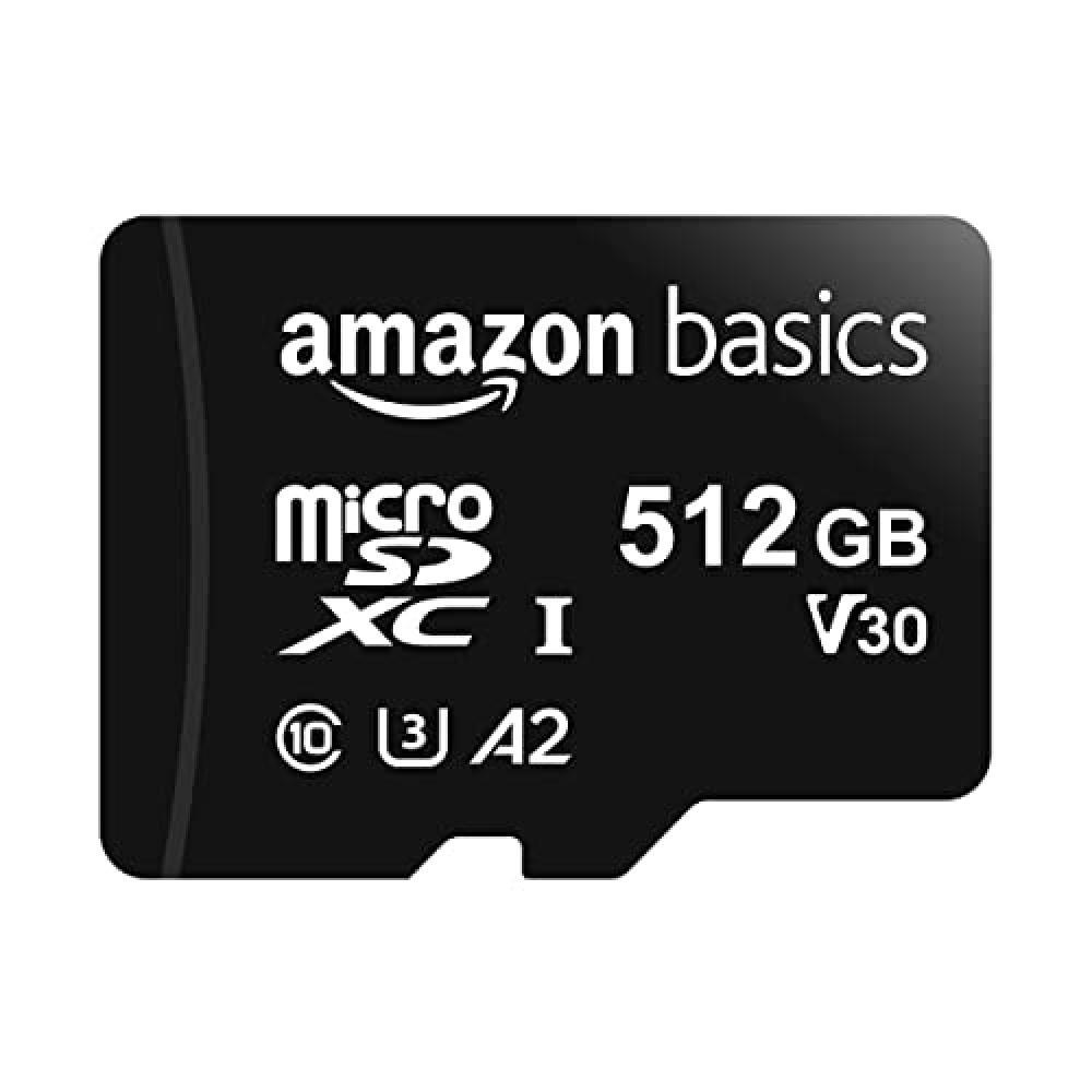 (TG. 512 gb) Amazon Basics, MicroSDXC, 512 GB, con Adattatore SD, A2, U3, Veloci