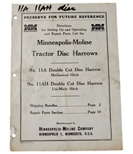 Minneapolis-Moline Tractor Disk Harrows 11A 11AH Manual Instructions Parts List