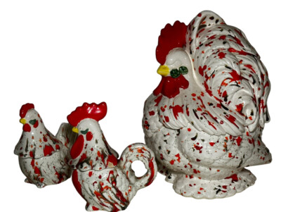 6 pc Chicken Rooster Ceramic Salt/Pepper Cookie Jar Set Signed ''MAVIS'' Vintage 