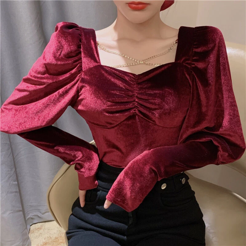 Women Velvet T shirt Crop Top Blouse Pleated Square Neck French Retro Gothic