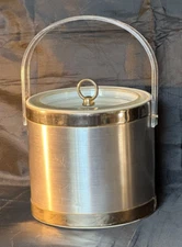 Vtg. MCM Brushed Silver w/Gold Accents Georges Briard Ice Bucket Lucite Handle