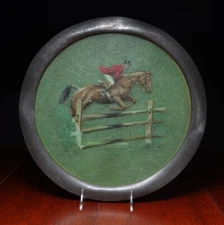 Vintage Serving Tray Jumper Fox Hunter Stieff Pewter & Green Fiberglass 14"  