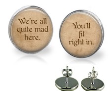 Alice In Wonderland We're All Mad Here Stud Earrings Handcrafted Photo Jewelry