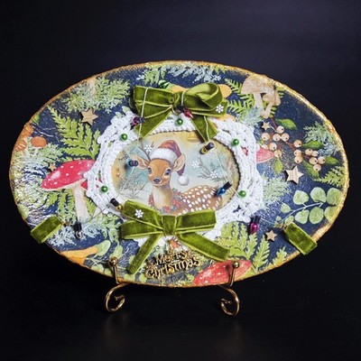Handarbeit Weihnachten Deko Teller Hirsch Decoupage Kunst Gold Ständer Vintage Stil