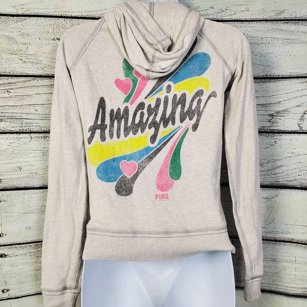 UNDERCOVER Felpa con cappuccio Victoria’s Secret ROSA XS grigia con zip incredibile grafica sul retro