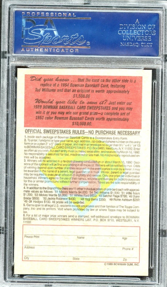 Bowman 1989 - Ted Williams #NNO Ted Williams 1954 reimpresión PSA 7 Foto 2 de 2