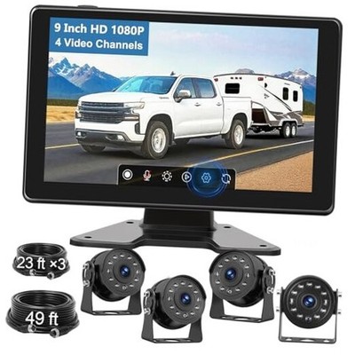 9'' RV Backup Camera Wired System, HD 1080P Full Touch IPS Quad Split Monitor 