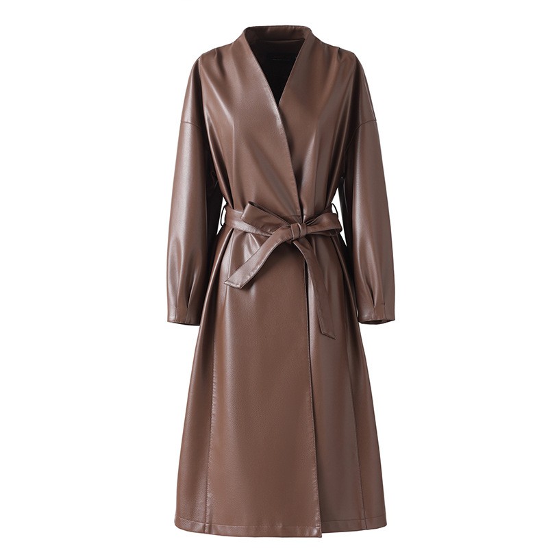 Women's Jacket Mid Length Leather Windbreaker Belt waistWaist Slimming Coat