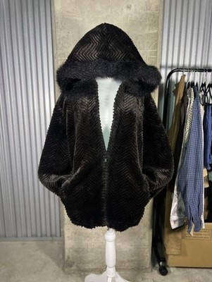 Gallery Black Chevron Faux Fur Jacket w/ Hood Womens XL