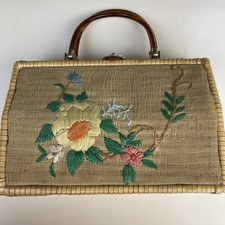 Vintage Box Purse 1950s 60s Wicker Grandma Pocketbook Embroidered Turn Lock
