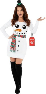 Women`s Miss Snowman Costume + Hat Adult Christmas Jumper Dress Xmas Party S-3XL