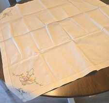 VTG Small Square White Cotton Table Topper Beautiful Embroidery Approx. 30"x34"