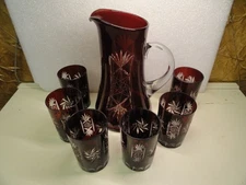 Vintage Bohemian Cut Crystal Pitcher and 6 Glasses Dark Red Cut To Clear Set
