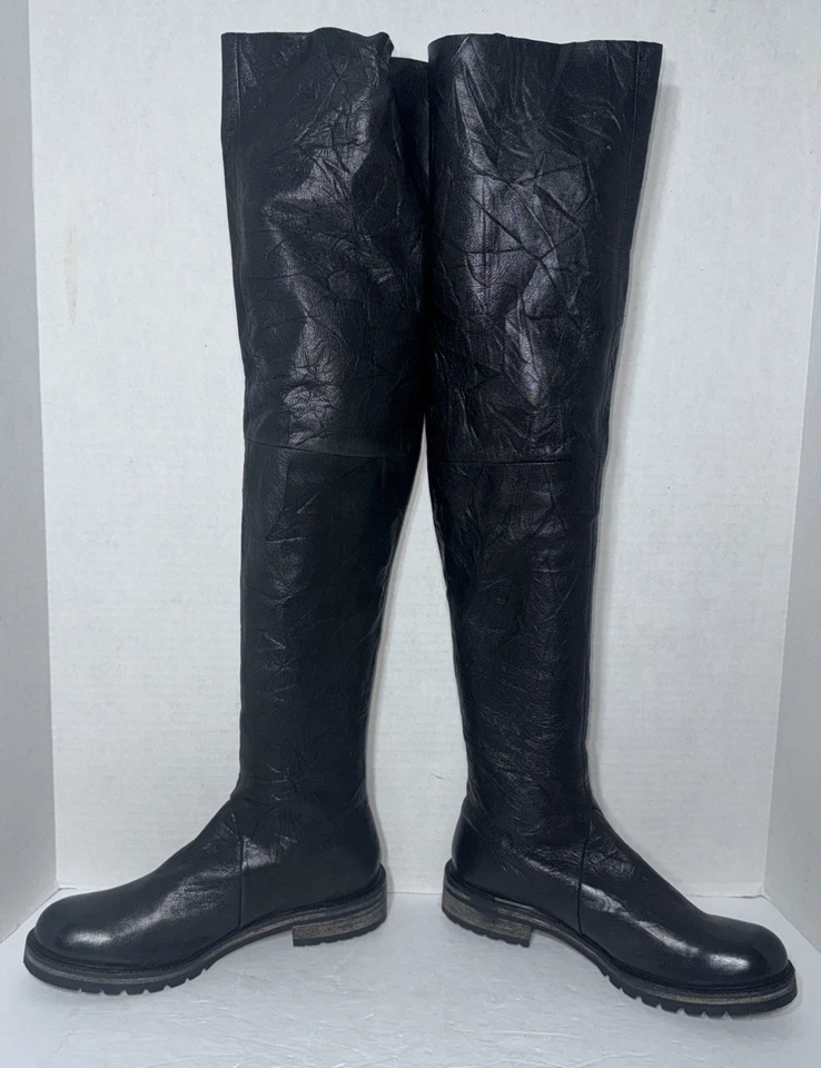 Botas Free People Braxton 39 8.5 OTK Negras Altas Distress Artesanales Cuero Foto 4 de 4