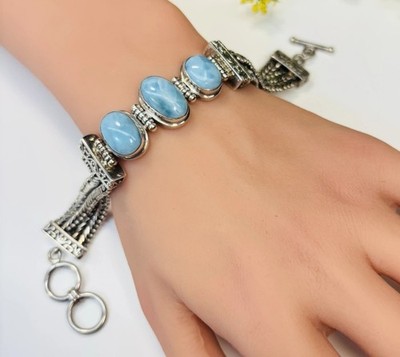 MARAHLAGO Sterlingsilber 925 Larimar 3 Steine Fuchsschwanz Kette Knebelarmband 7,5''L