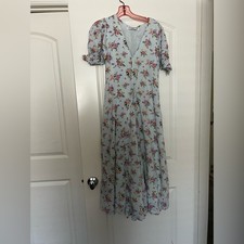 Faithfull the Brand Maggie Midi Dress Blue Juliette Floral V Neck Puff Sleeve