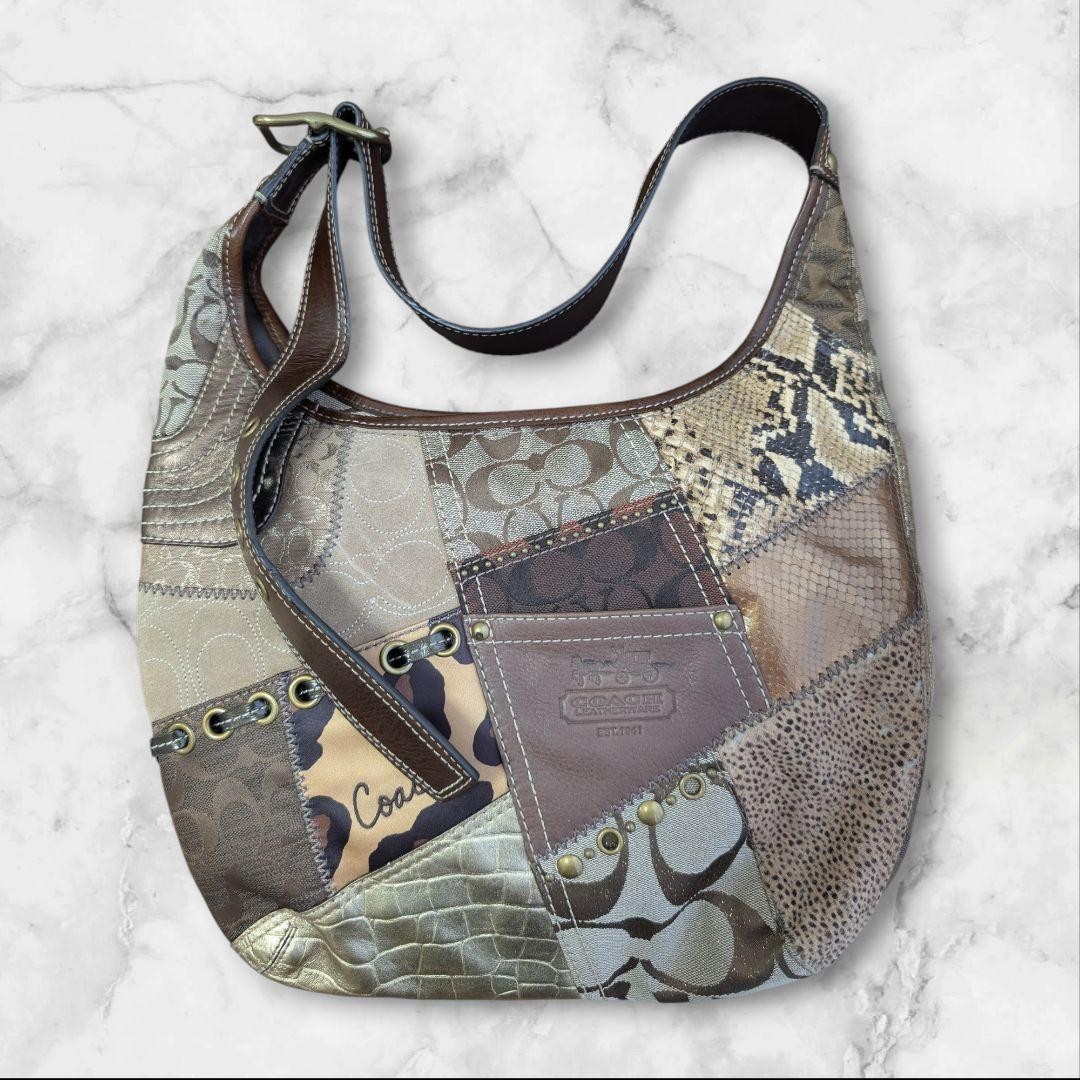 Coach Patchwork Leopard Print Leather Canvas Shou… - image 1