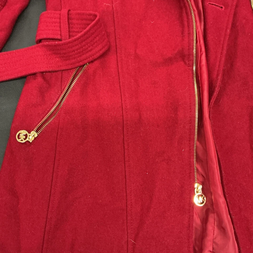 Michael Kors Trench Coat Womens M Red Fleece Belt Waist Notch Lapel Clipside Zip - Image 2 of 4