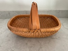 Vintage Hand Woven Willow Gathering Basket With 3 Wooden Handles