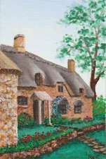 English Cottage,Cotswolds,shabby chic,garden,floral,original art print,farmhouse