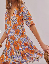 FREE PEOPLE COBALT COMBO SUGAR CRUSH FLORAL DROP WAIST BABYDOLL MINI DRESS SZ S