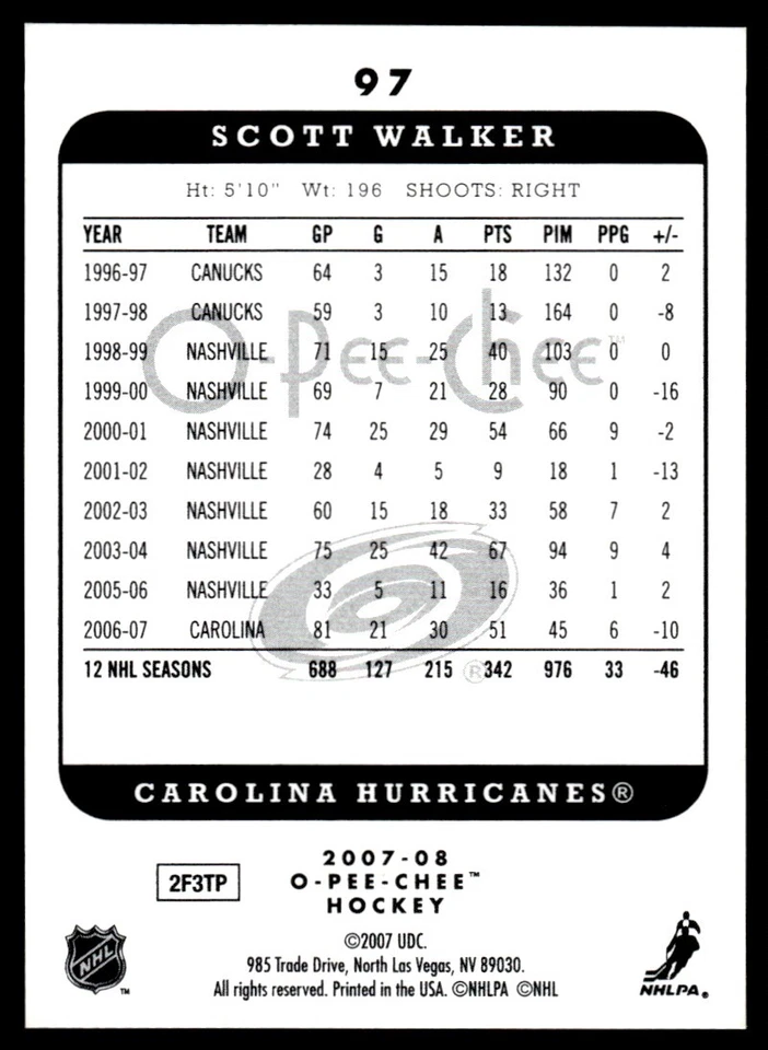 2007-08 O-Pee-Chee MICROMOTION Scott Walker Carolina Hurricanes #97 R105 - Image 2 of 2