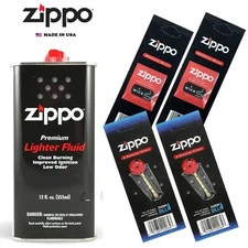 Zippo 12 oz Can Fuel Fluid and 4 Value Pack (12 Flints & 2 Wick) Combo Set