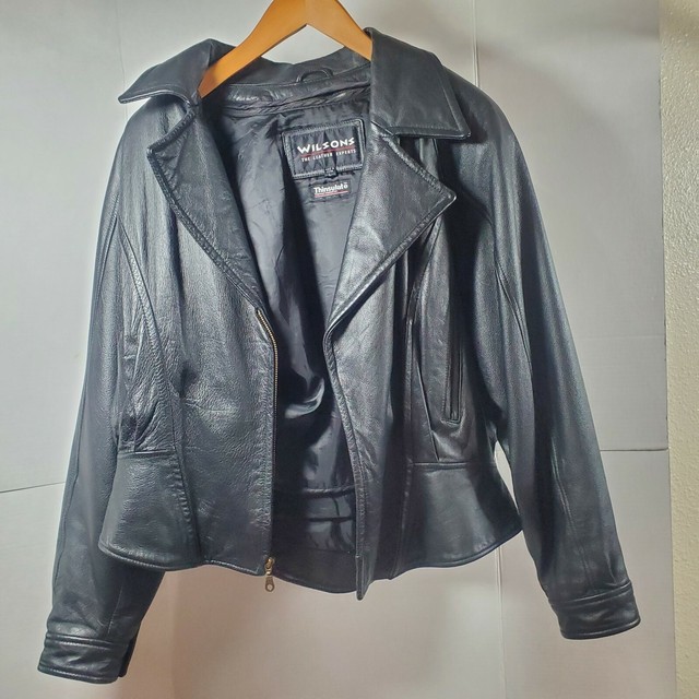 Wilsons Black Leather Motorcycle Jacket With Liner Large Womens RN