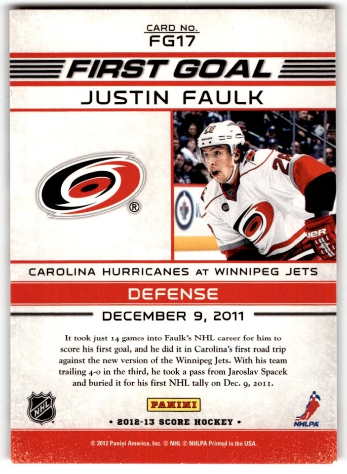 Justin Faulk 2012-13 Score First Goal #FG17 Carolina Hurricanes - Image 2 of 2