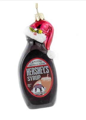 HERSHEY S CHOCOLATE SYRUP with SANTA HAT Glass Christmas Tree Ornament NEW BOX