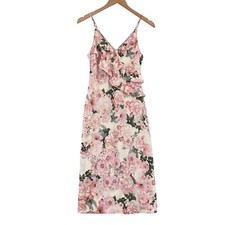 Express Slip Dress Womens XS White Pink Floral Adjustable V Neck Ruffled