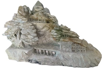 Chinese Carved Stone Mountain Landscape Village Statue w/ Wood Display Stand