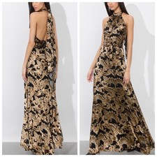 Alice + Olivia DITA Black Gold Spring Paisley Maxi Dress Halter Belt - Size 2