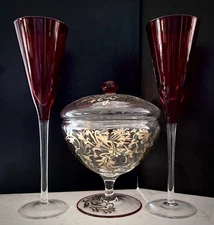 PRE-CHRISTMAS SALE ON Holiday Decor: 2 Red Flutes & Compote/Candy Dish