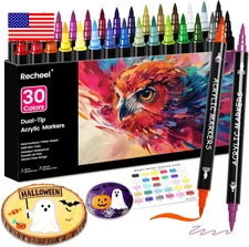30 Colors Acrylic Paint Markers, Dual Tip Fine and Brush Tips for Detailed Art,