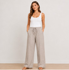 Ladies Trousers Linen Mix Womens Stripe Summer Holiday Elastic Waist Beach NEW