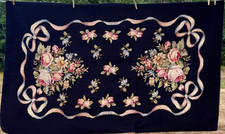 Victorian Style Hand Hooked Rug Interior Design Cabbage Roses on Black 58X35 in